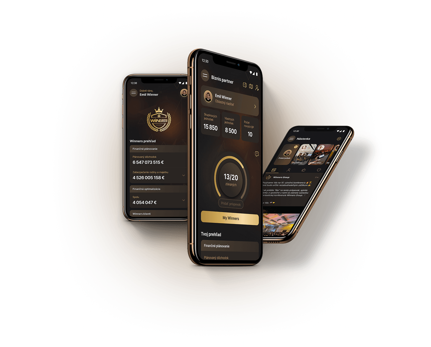 Three phones showing the Winners broker app with financial dashboard and content feed