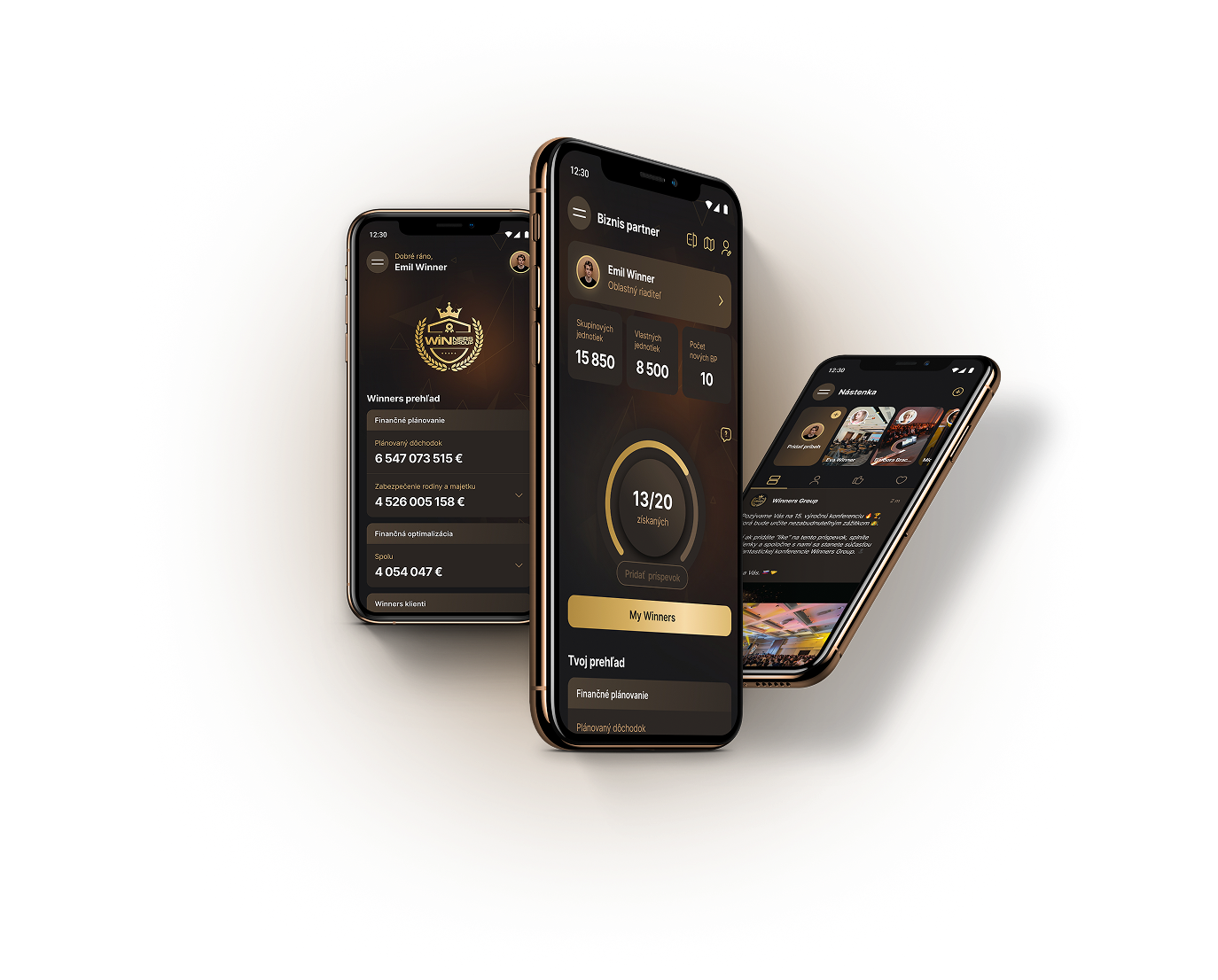 Three phones showing the Winners broker app with financial dashboard and content feed