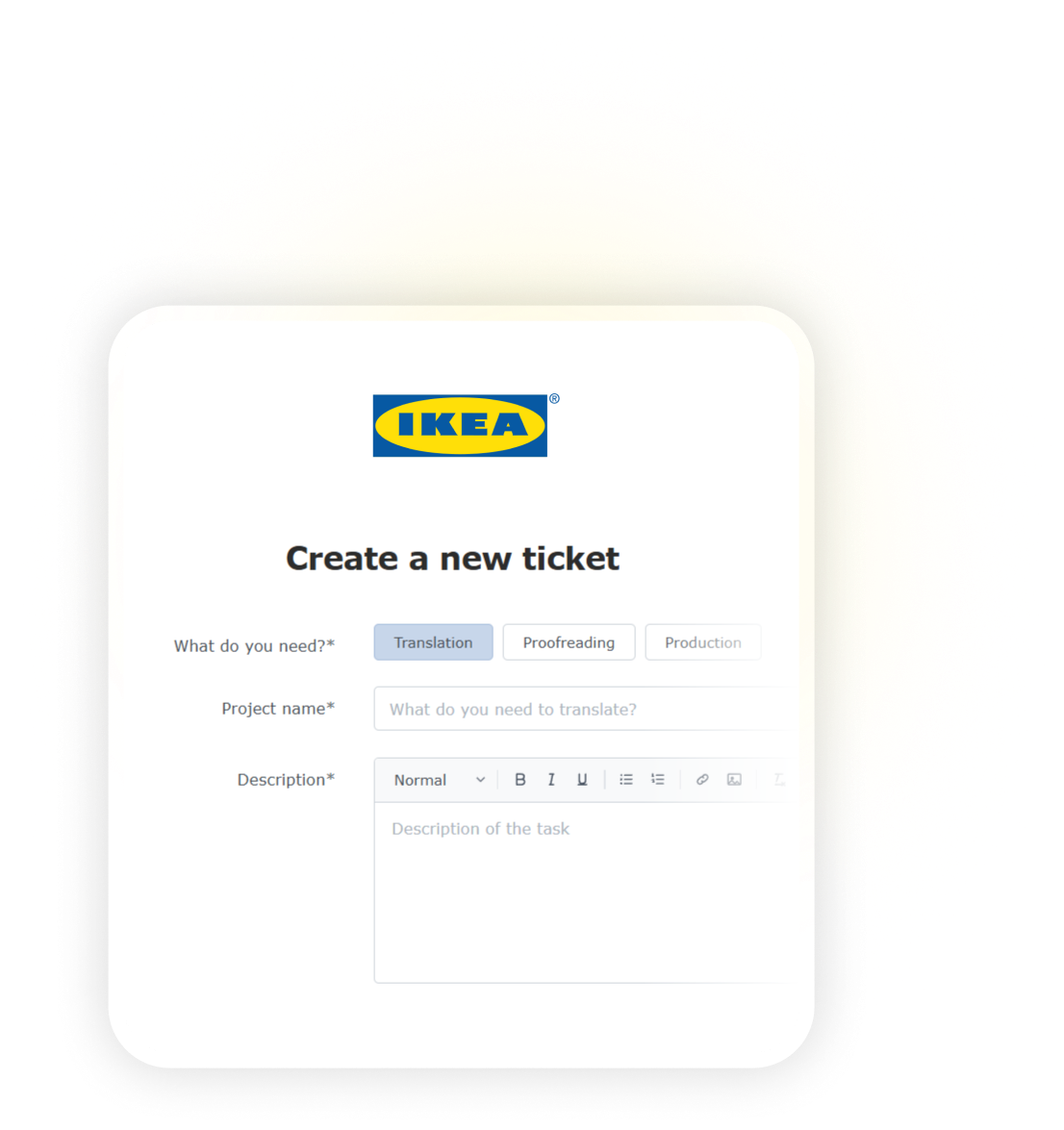 IKEA ticket creation form with translation, proofreading, and production task type tabs