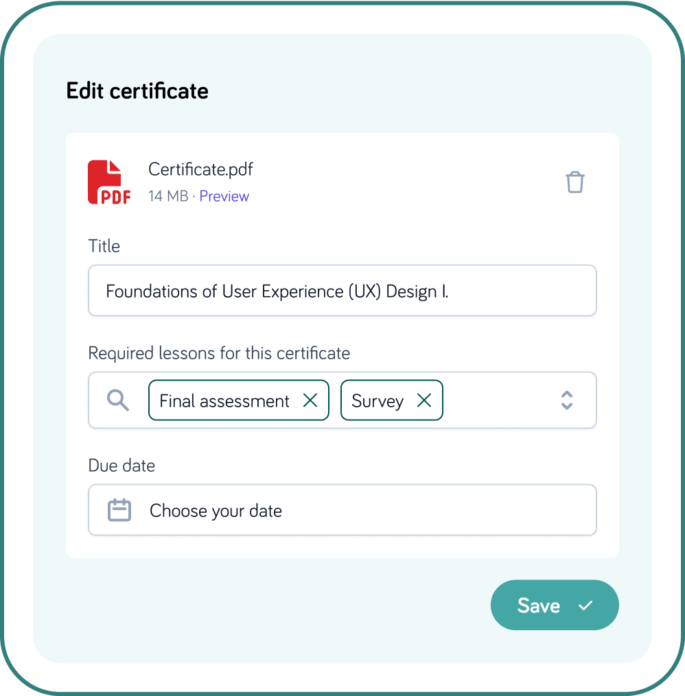 LMS certificate editor with file upload and lesson requirements