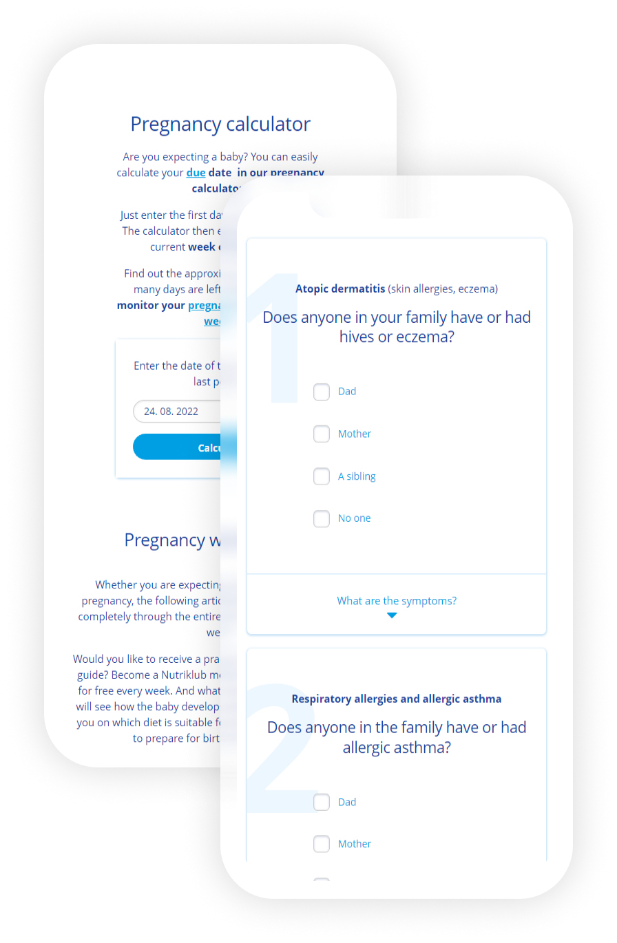 Nutriklub mobile app showing pregnancy calculator and allergy questionnaire