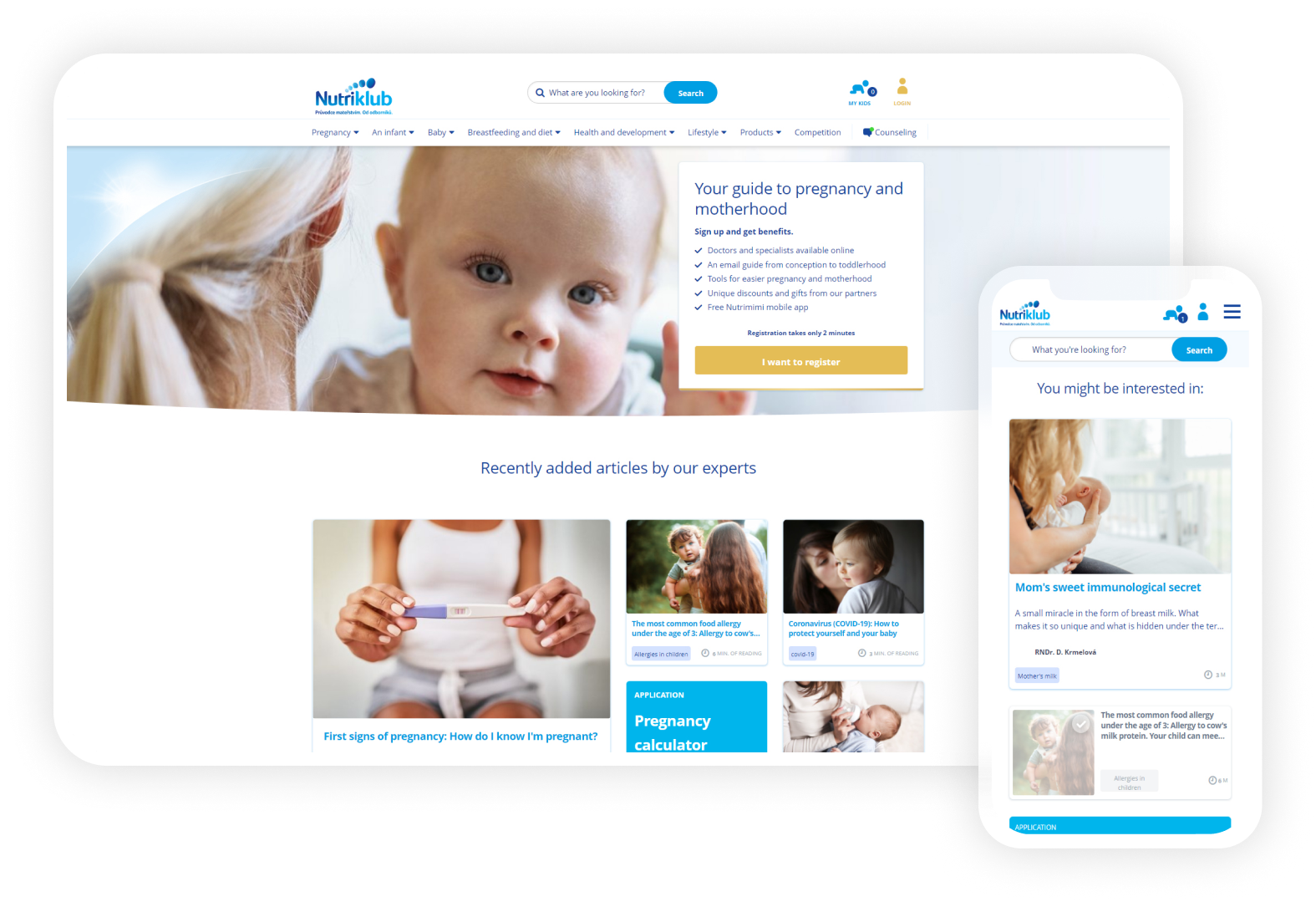 Nutriklub portal on desktop and mobile showing pregnancy and motherhood articles