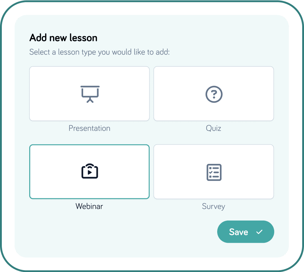 LMS lesson type selector showing presentation, quiz, webinar, and survey options