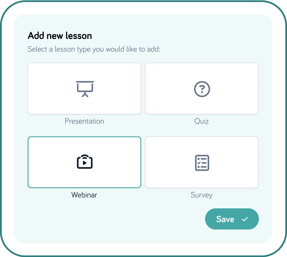 LMS lesson type selector showing presentation, quiz, webinar, and survey options