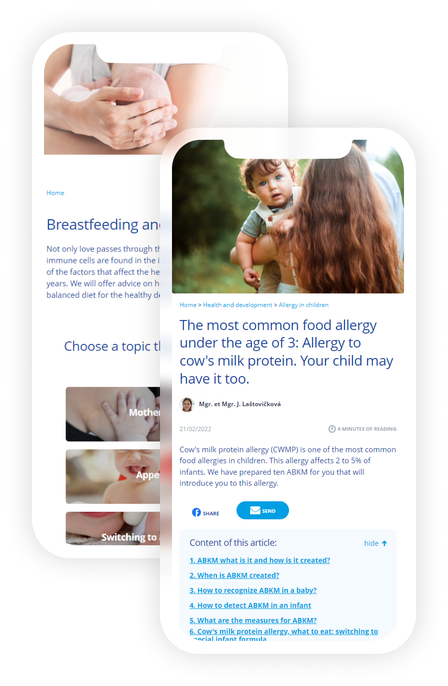 Nutriklub mobile app displaying breastfeeding and food allergy articles