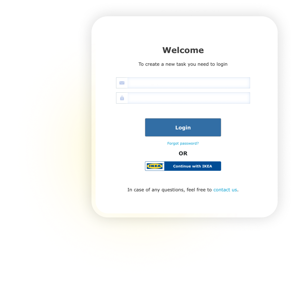 IKEA production tool login screen with email and IKEA single sign-on options