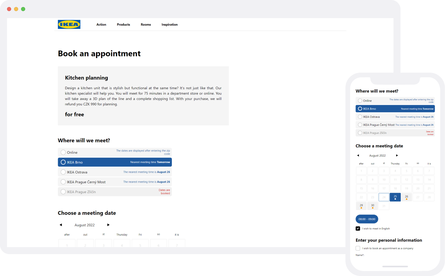 IKEA appointment booking system on desktop and mobile showing store selection and calendar