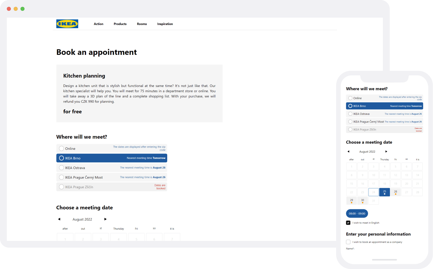 IKEA appointment booking system on desktop and mobile showing store selection and calendar