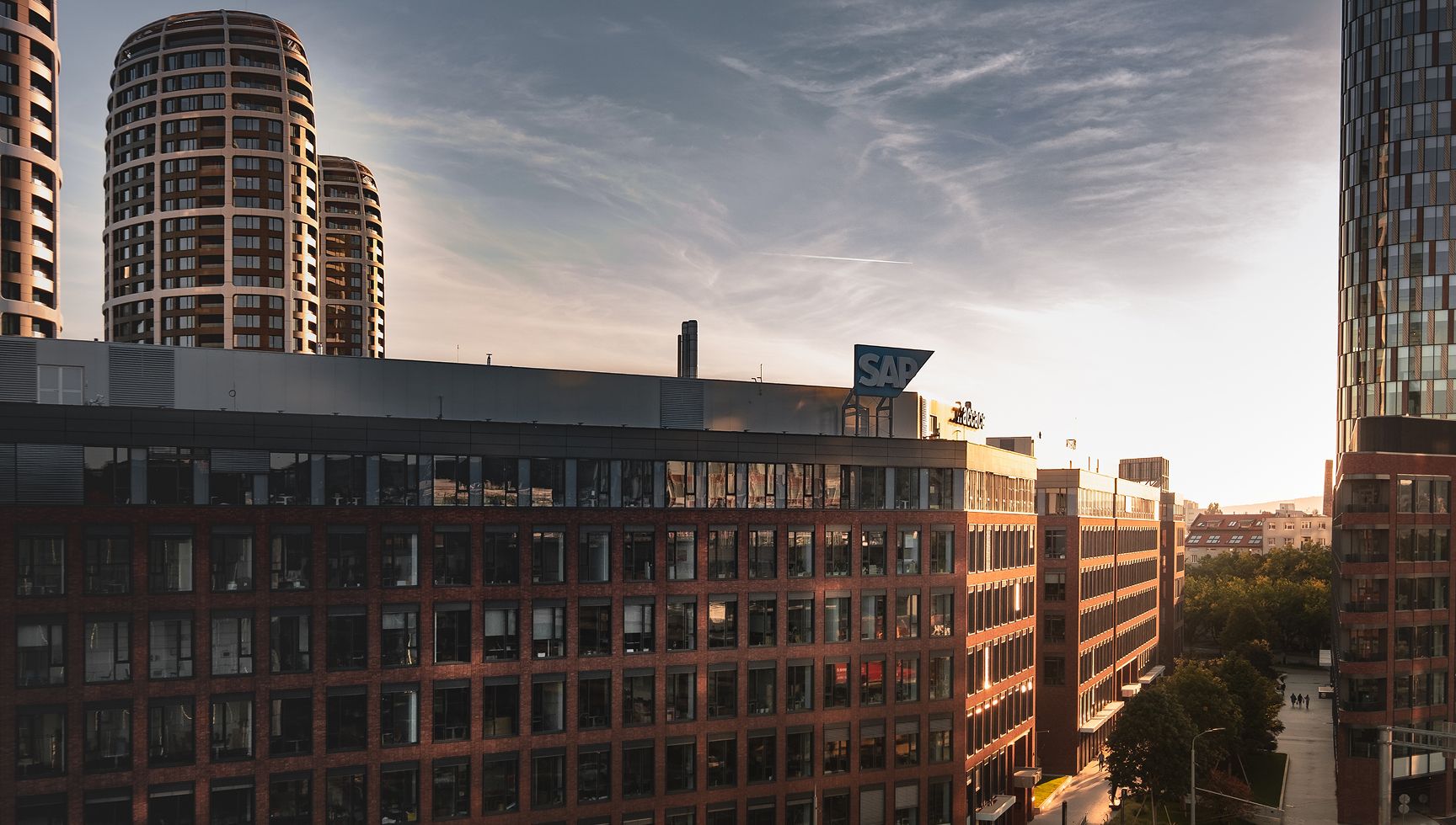 Modern office buildings at golden hour