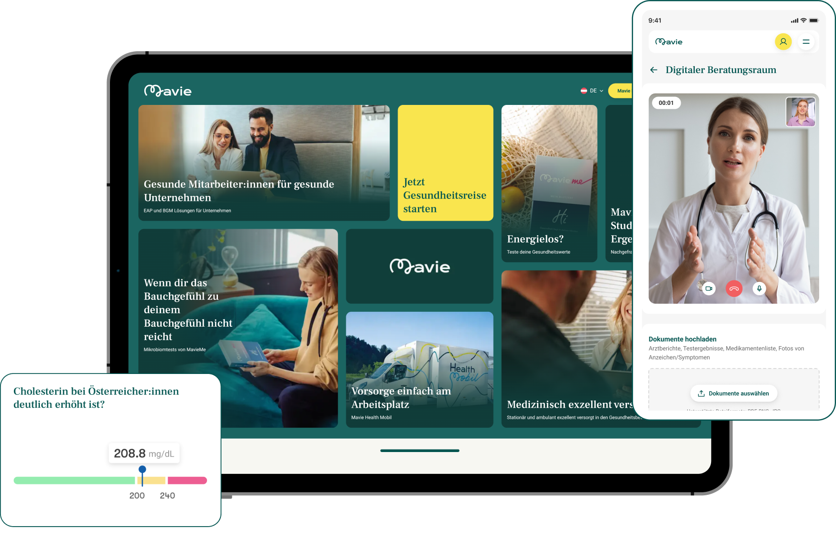 Mavie health platform on laptop and tablet showing telemedicine consultation and health metrics