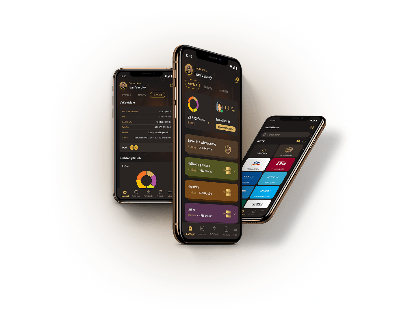 Three phones showing the iWinners app with financial overview, profile, and loyalty cards