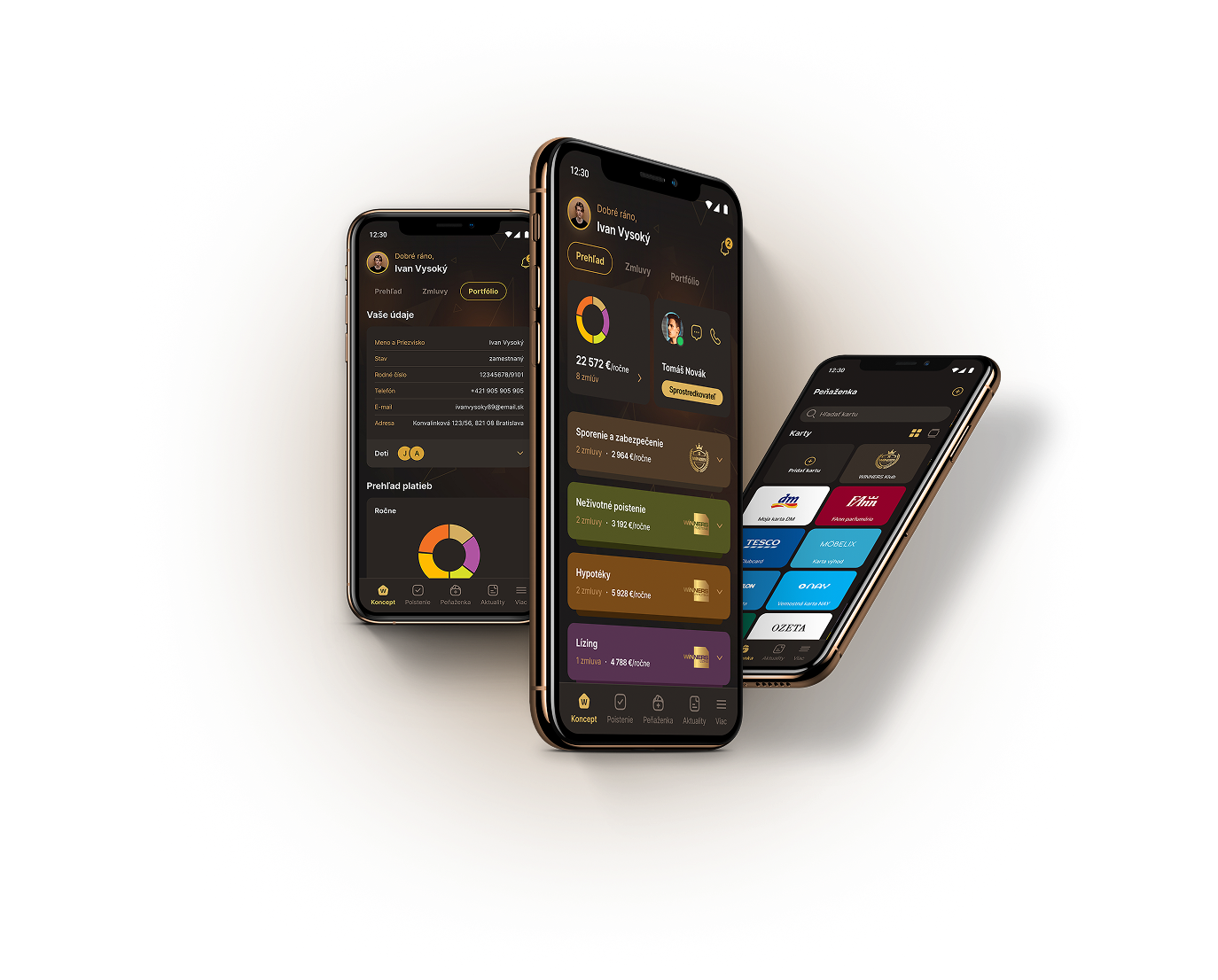 Three phones showing the iWinners app with financial overview, profile, and loyalty cards