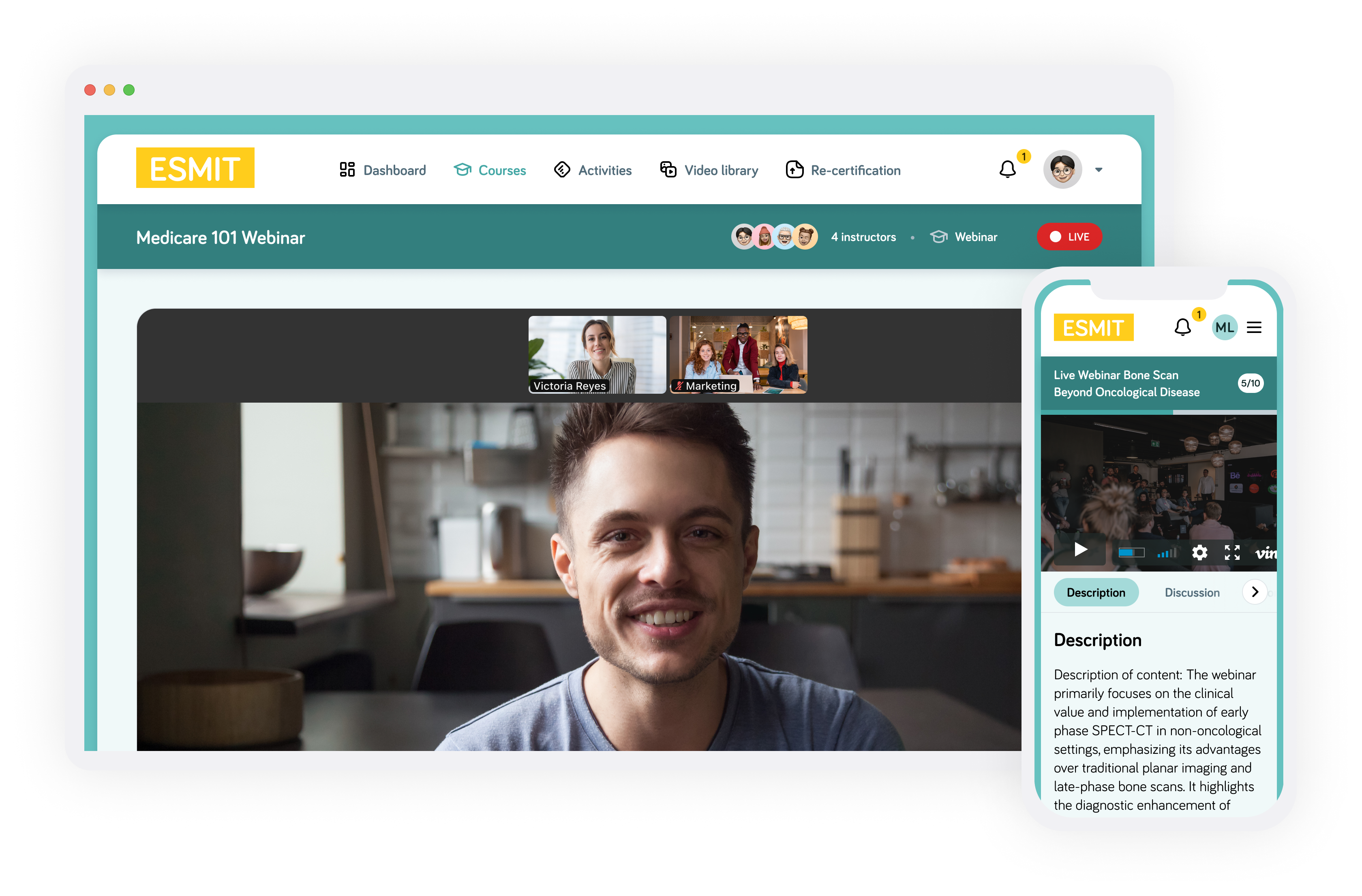 ESMIT learning platform on desktop and mobile showing webinar and course views