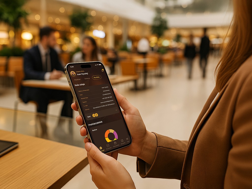Woman in a business center using the iWinners app on her phone