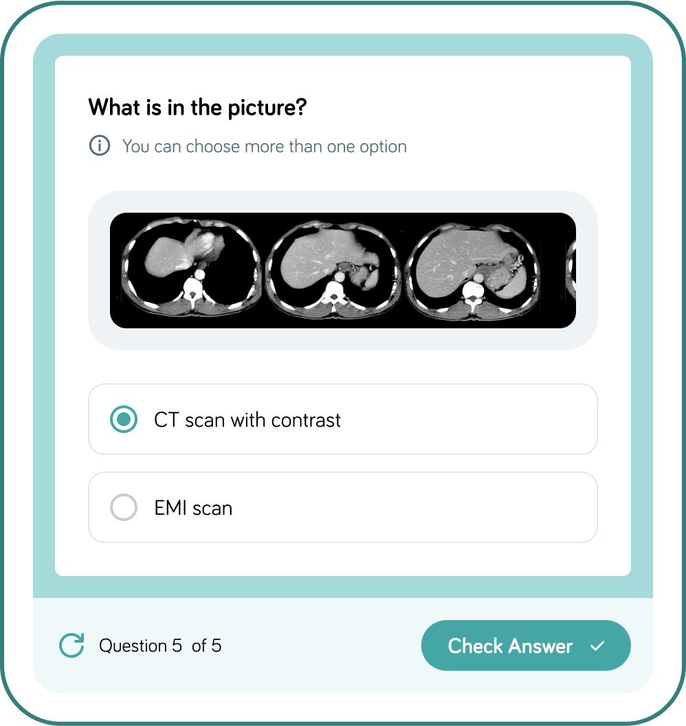 LMS quiz interface with CT scan images and multiple choice answers